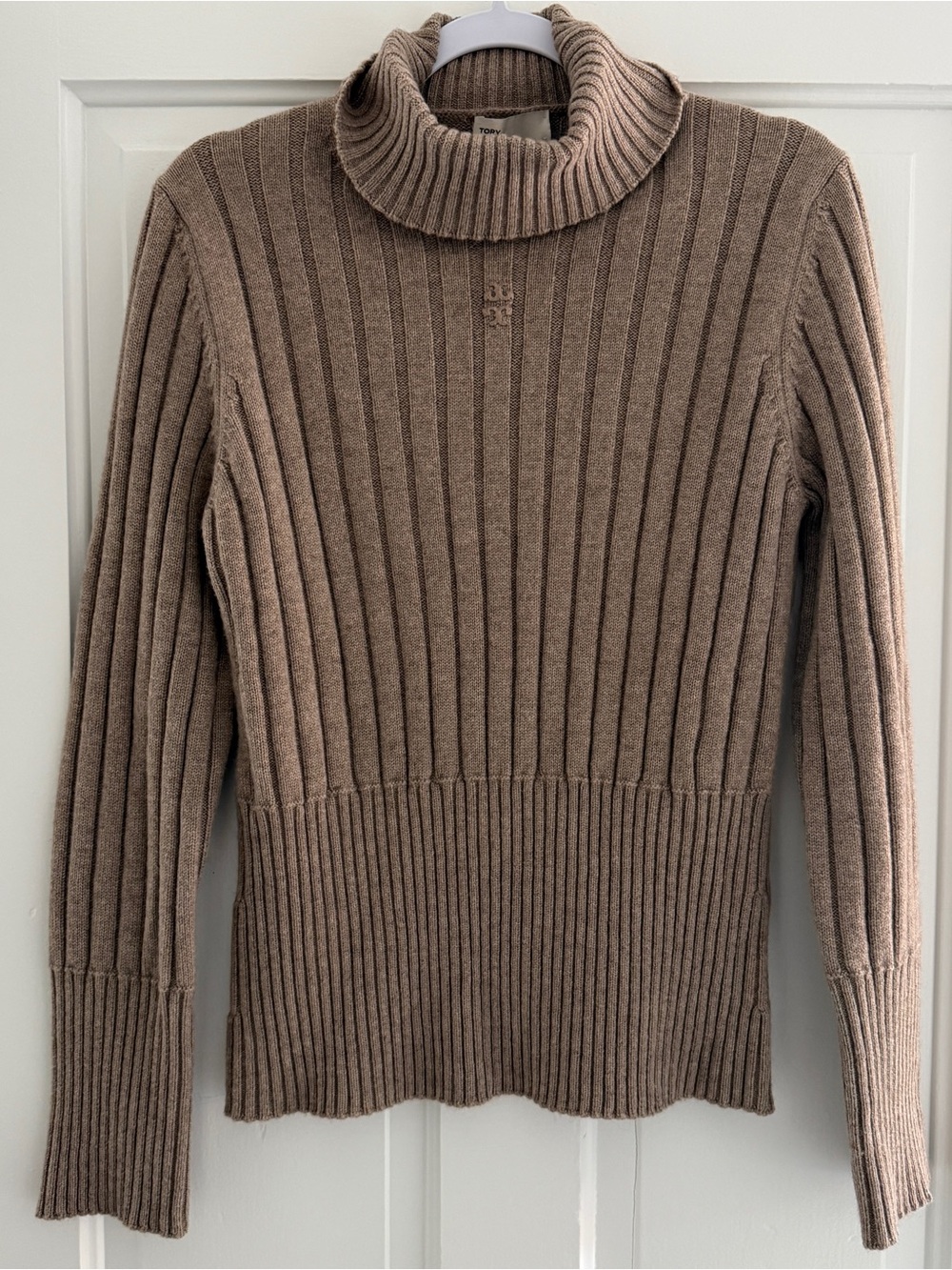 Tory Burch 100% Cashmere Ribbed Taupe Turtleneck Sweater